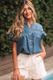 Split Neck Ruffle Sleeve Button Front Blouse