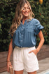 Split Neck Ruffle Sleeve Button Front Blouse