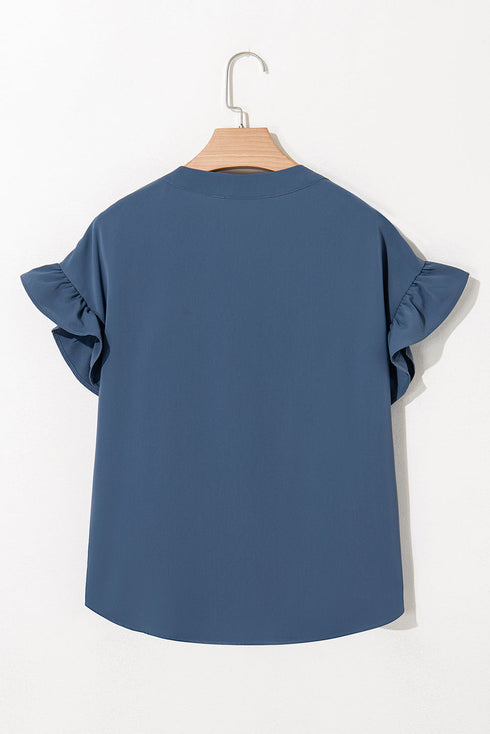 Split Neck Ruffle Sleeve Button Front Blouse
