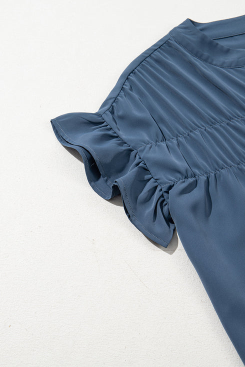 Split Neck Ruffle Sleeve Button Front Blouse