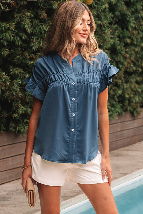 Split Neck Ruffle Sleeve Button Front Blouse