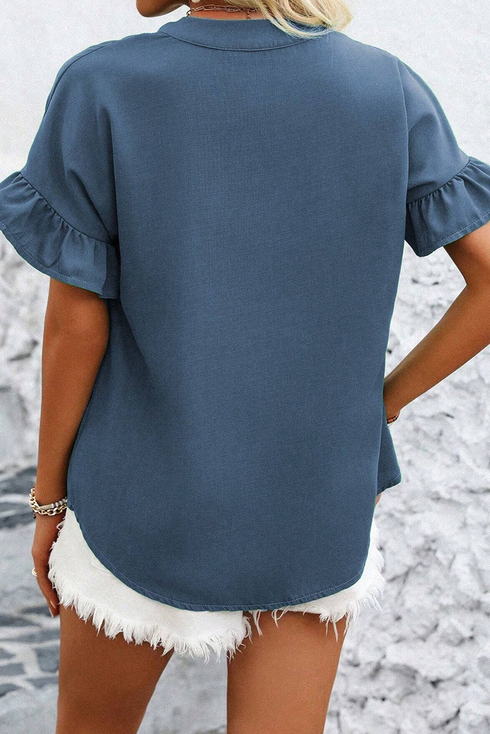 Split Neck Ruffle Sleeve Button Front Blouse