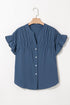 Split Neck Ruffle Sleeve Button Front Blouse
