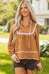 Split Neck Ruffled Collar Tie Detail Puff Sleeve Blouse