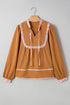 Split Neck Ruffled Collar Tie Detail Puff Sleeve Blouse
