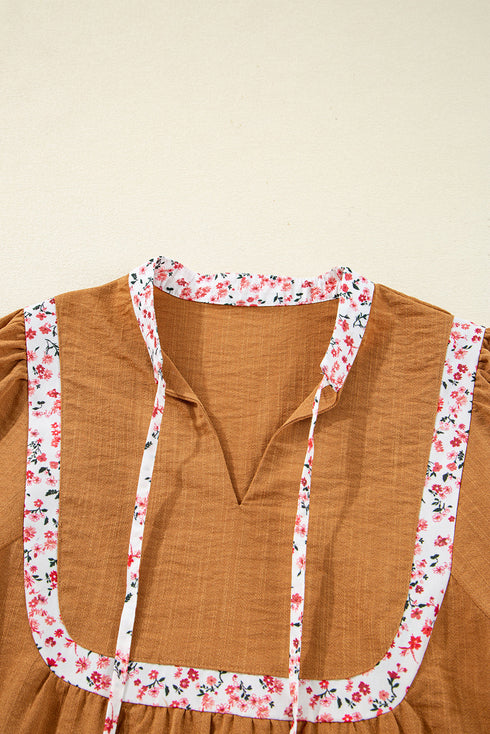 Split Neck Ruffled Collar Tie Detail Puff Sleeve Blouse