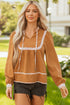 Split Neck Ruffled Collar Tie Detail Puff Sleeve Blouse