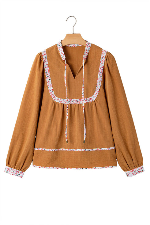 Split Neck Ruffled Collar Tie Detail Puff Sleeve Blouse