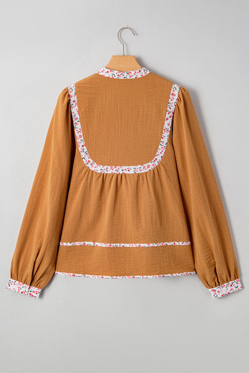Split Neck Ruffled Collar Tie Detail Puff Sleeve Blouse
