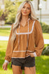 Split Neck Ruffled Collar Tie Detail Puff Sleeve Blouse
