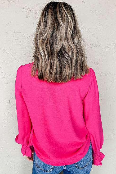 Split Neck Smocked Cuff Ruffle Sleeve Blouse