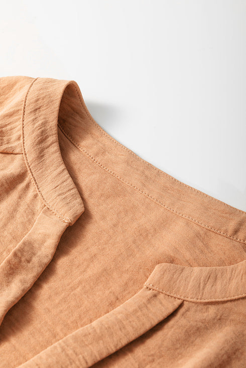 Split Neck Smocked Cuff Ruffle Sleeve Blouse