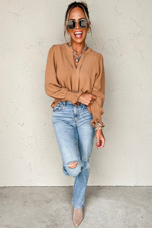 Split Neck Smocked Cuff Ruffle Sleeve Blouse