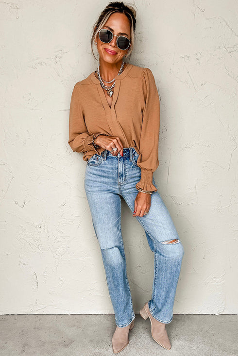 Split Neck Smocked Cuff Ruffle Sleeve Blouse