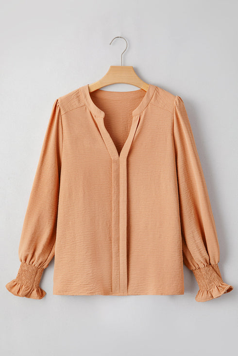 Split Neck Smocked Cuff Ruffle Sleeve Blouse