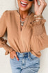 Split Neck Smocked Cuff Ruffle Sleeve Blouse