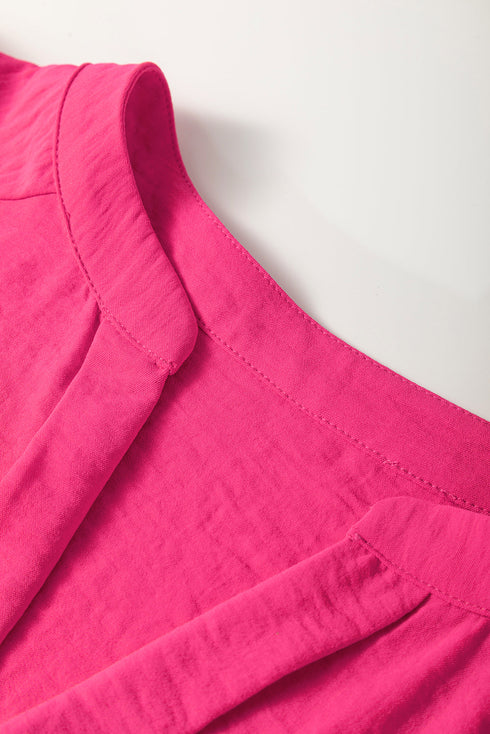 Split Neck Smocked Cuff Ruffle Sleeve Blouse