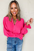 Split Neck Smocked Cuff Ruffle Sleeve Blouse