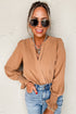 Split Neck Smocked Cuff Ruffle Sleeve Blouse