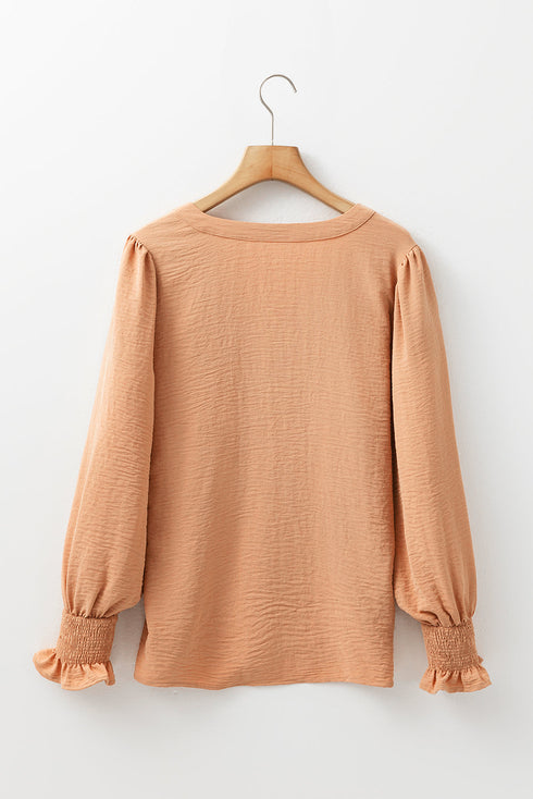 Split Neck Smocked Cuff Ruffle Sleeve Blouse