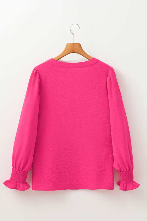 Split Neck Smocked Cuff Ruffle Sleeve Blouse