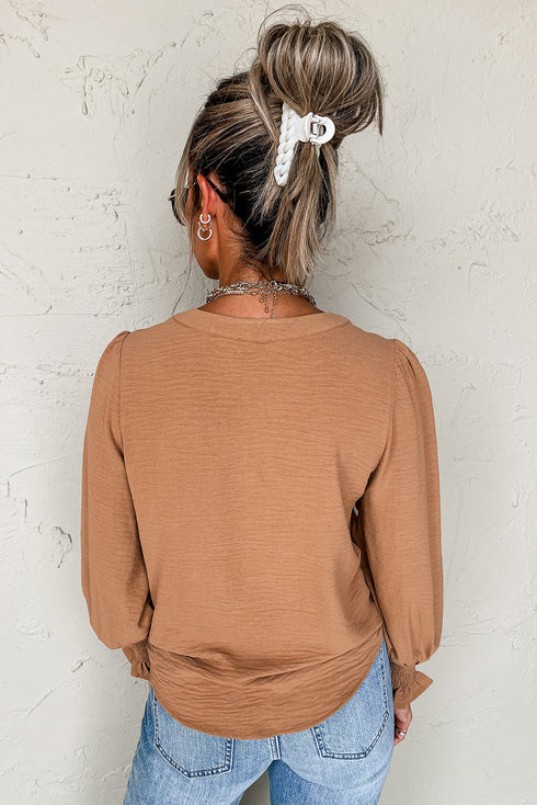 Split Neck Smocked Cuff Ruffle Sleeve Blouse