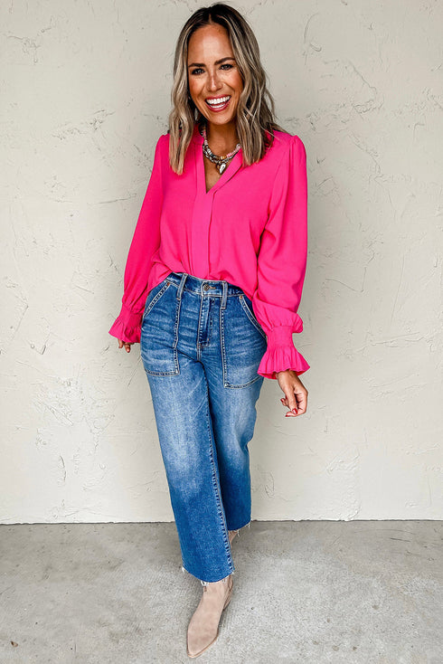 Split Neck Smocked Cuff Ruffle Sleeve Blouse
