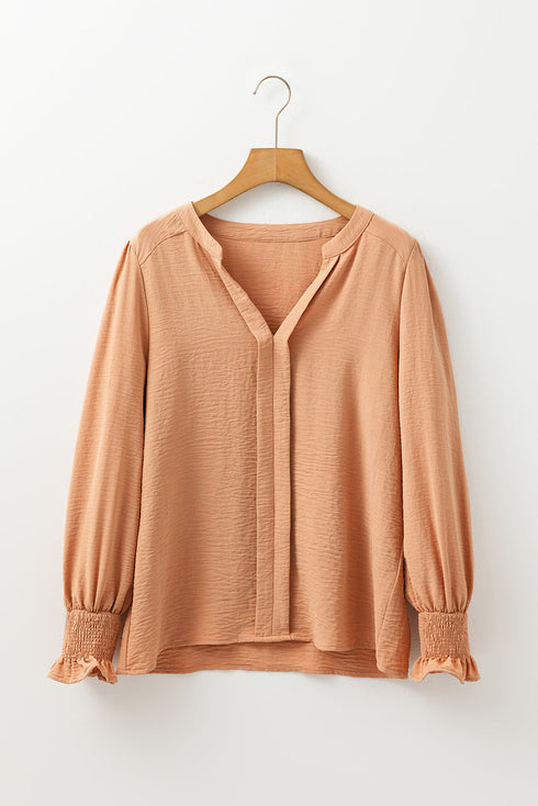 Split Neck Smocked Cuff Ruffle Sleeve Blouse