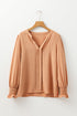Split Neck Smocked Cuff Ruffle Sleeve Blouse