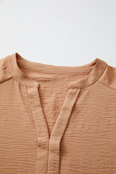 Split Neck Smocked Cuff Ruffle Sleeve Blouse