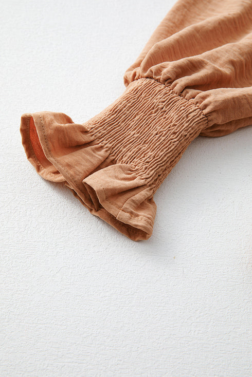 Split Neck Smocked Cuff Ruffle Sleeve Blouse