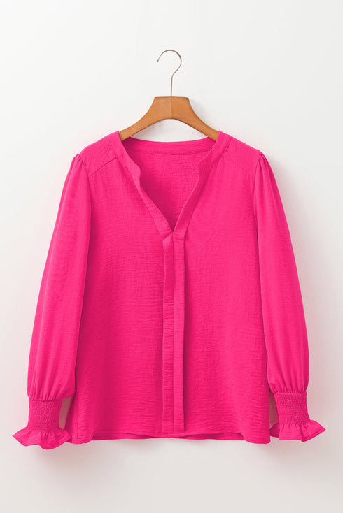 Split Neck Smocked Cuff Ruffle Sleeve Blouse