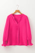 Split Neck Smocked Cuff Ruffle Sleeve Blouse