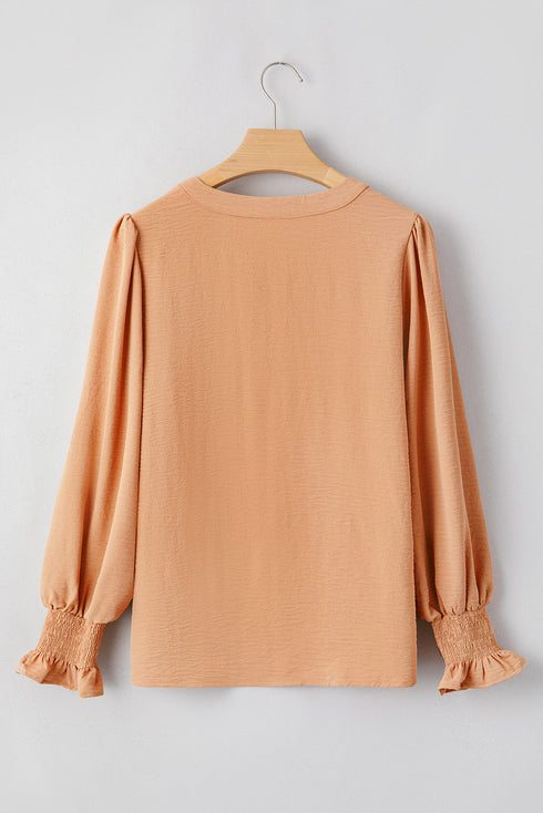 Split Neck Smocked Cuff Ruffle Sleeve Blouse