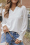 Split Neck Textured Long Sleeve Relaxed Fit Blouse