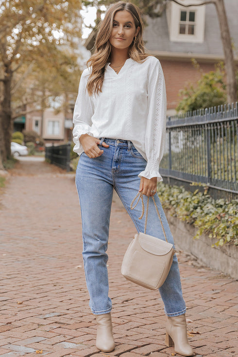 Split Neck Textured Long Sleeve Relaxed Fit Blouse