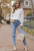 Split Neck Textured Long Sleeve Relaxed Fit Blouse