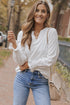 Split Neck Textured Long Sleeve Relaxed Fit Blouse