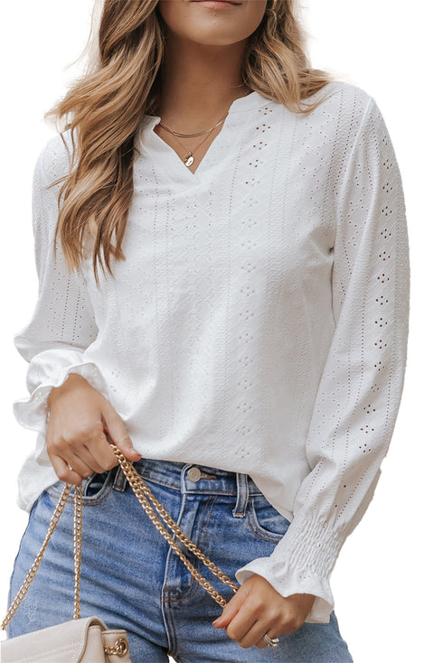 Split Neck Textured Long Sleeve Relaxed Fit Blouse