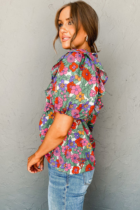 Split Neck Tie Detail Puff Sleeve Floral Blouse