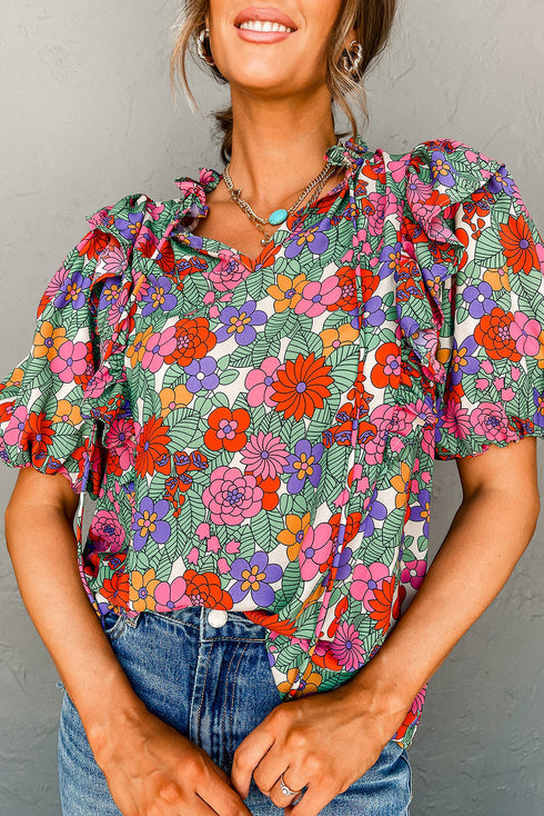 Split Neck Tie Detail Puff Sleeve Floral Blouse