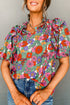 Split Neck Tie Detail Puff Sleeve Floral Blouse