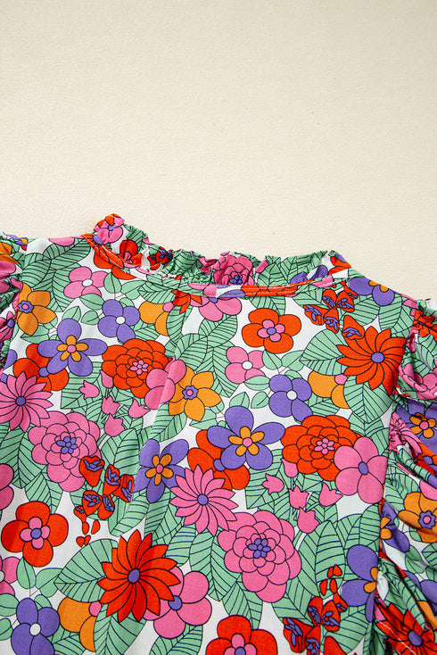 Split Neck Tie Detail Puff Sleeve Floral Blouse