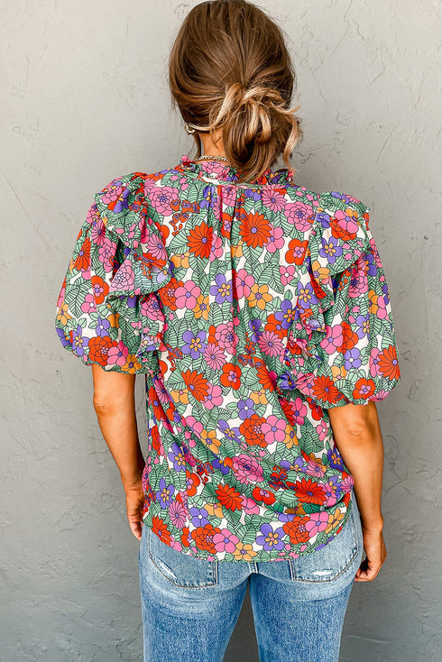 Split Neck Tie Detail Puff Sleeve Floral Blouse