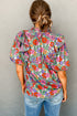 Split Neck Tie Detail Puff Sleeve Floral Blouse