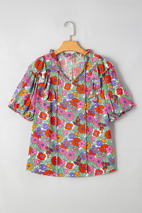 Split Neck Tie Detail Puff Sleeve Floral Blouse