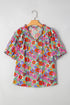 Split Neck Tie Detail Puff Sleeve Floral Blouse