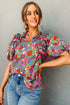 Split Neck Tie Detail Puff Sleeve Floral Blouse