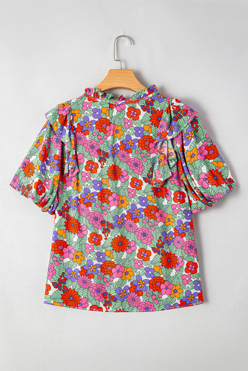 Split Neck Tie Detail Puff Sleeve Floral Blouse