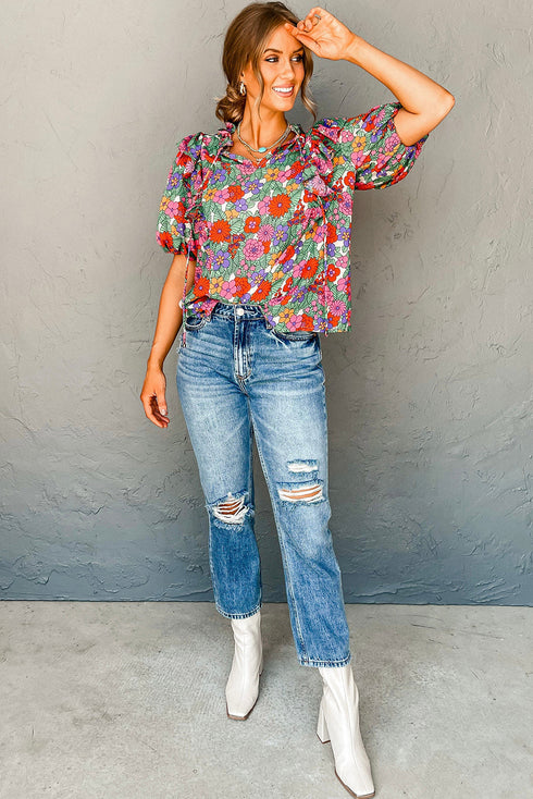 Split Neck Tie Detail Puff Sleeve Floral Blouse